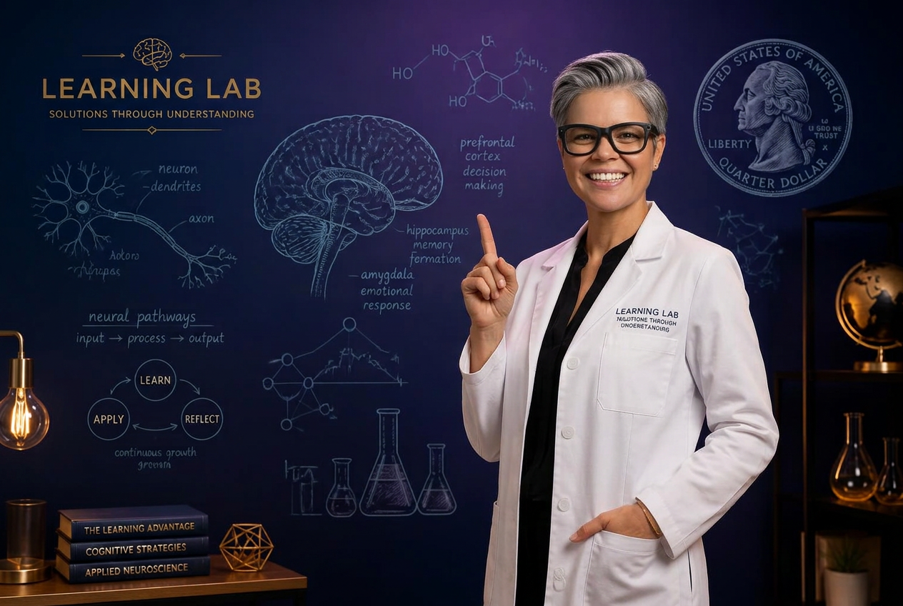 Amanda DeVlugt in a lab coat in front of a chalk-drawn learning lab of brain diagrams and a quarter