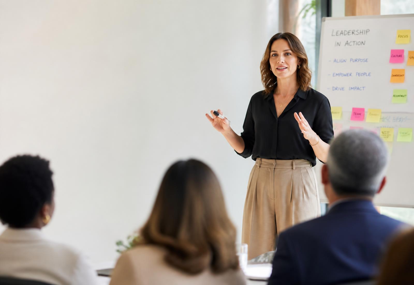 Amanda DeVlugt facilitating a leadership workshop with an engaged audience